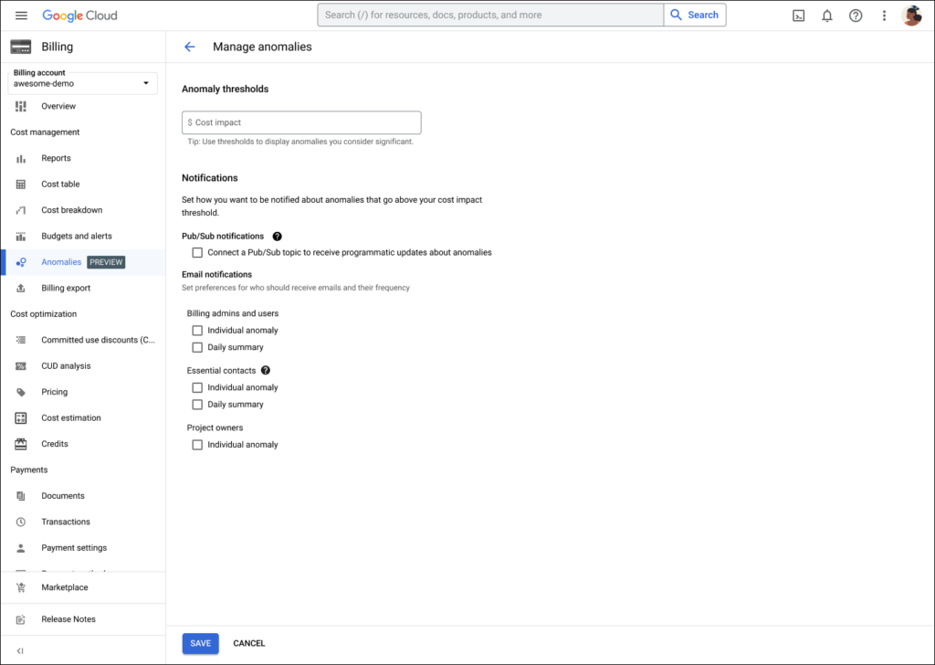 alert google cloud console